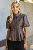 Reagan Pleated Collar Button Down Animal Faux Leather VOY Top
