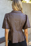 Reagan Pleated Collar Button Down Animal Faux Leather VOY Top