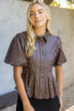 Reagan Pleated Collar Button Down Animal Faux Leather VOY Top