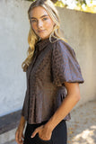 Reagan Pleated Collar Button Down Animal Faux Leather VOY Top