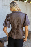 Reagan Pleated Collar Button Down Animal Faux Leather VOY Top