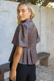 Reagan Pleated Collar Button Down Animal Faux Leather VOY Top