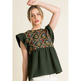 Karla Olive Rib Knit Flutter Sleeve Embroidered THML Top