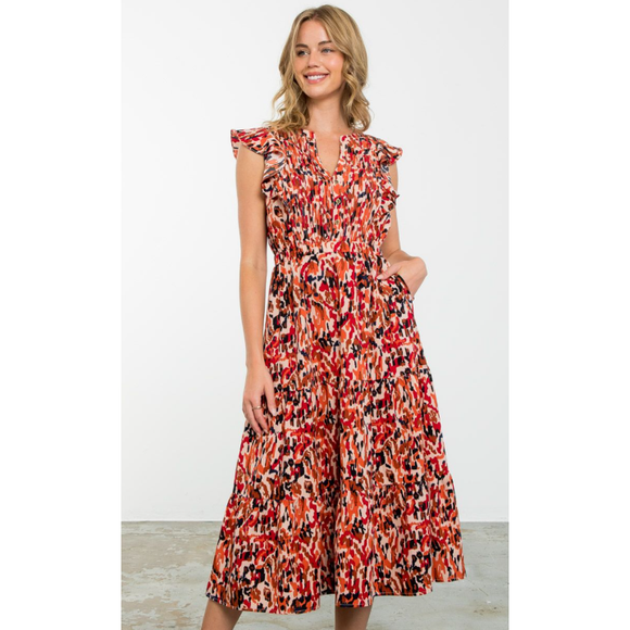 Madison Flutter Sleeve Print Maxi THML Dress