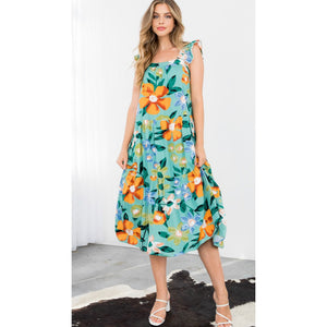 Sophia Green Floral Print Midi THML Dress