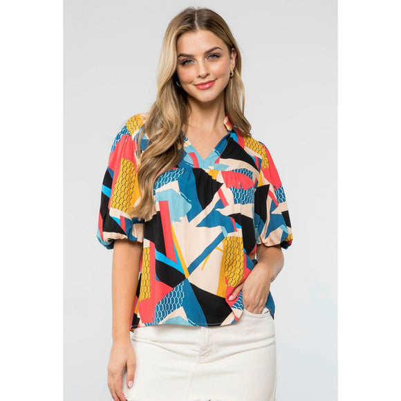 Clara Abstract Patterned Puff Sleeve THML Top