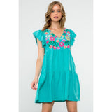 Chloe Turquoise Flutter Sleeve Embroidered Floral THML  Dress