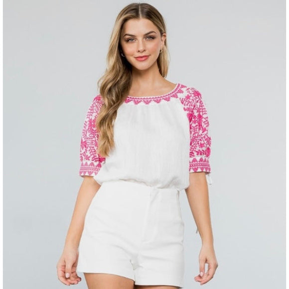 Joy Embroidered Sleeve White THML Top
