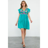 Chloe Turquoise Flutter Sleeve Embroidered Floral THML  Dress