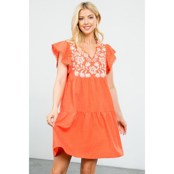 Chloe Orange Flutter Sleeve Embroidered Floral THML  Dress