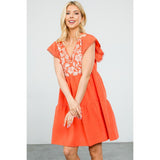 Chloe Orange Flutter Sleeve Embroidered Floral THML  Dress