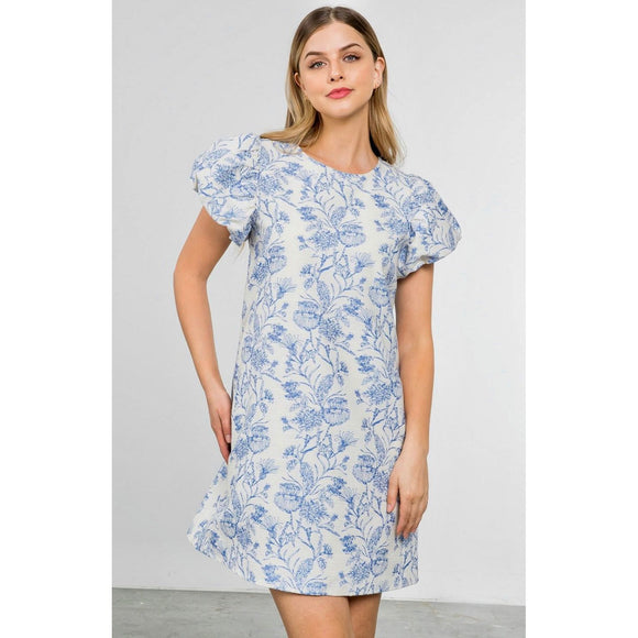 Kelly Blue White Floral Puff Sleeve Detailed THML  Dress