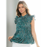 Lori Print Tiered Flutter Sleeve Teal THML Top