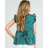 Lori Print Tiered Flutter Sleeve Teal THML Top