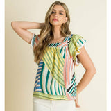 Mia Flutter Sleeve Mixed Print THML Top