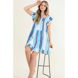 Kayla White Blue Patterned Knit THML Dress