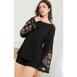 Alanis Embroidered Bell Sleeve Black THML Top