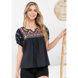 Camille Black Pink Embroidered THML Top