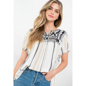 Camille Cream Black Embroidered THML Top