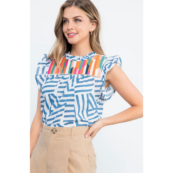 Clara Blue Striped Embroidered THML Top