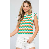 Abello Green Orange Ribbed Striped Detailed Flutter THML Sweater
