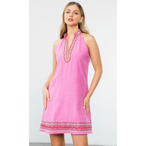 Lola Embroidered Pink Halter Sleeve THML  Dress