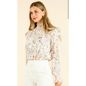 Leslie Abstract Cream Printed Long-sleeve THML Top