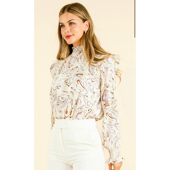 Leslie Abstract Cream Printed Long-sleeve THML Top