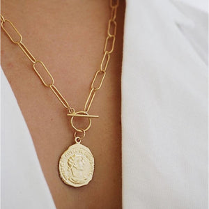 Zara Gold Coin Paperclip Chain Link Pendant Necklace