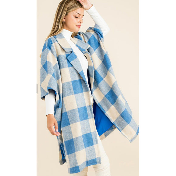 Kathryn Blue Cream Checkered Long Jacket