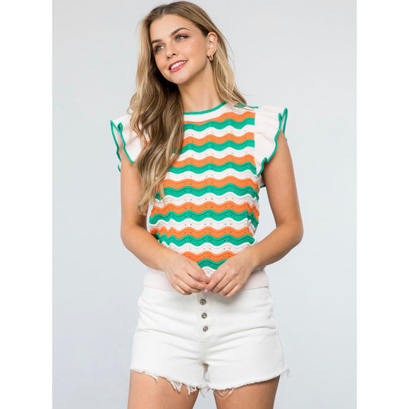 Abello Green Orange Ribbed Striped Detailed Flutter THML Sweater