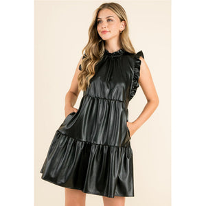 Paris Black Leather Tiered Ruffle Sleeve THML Dress-SALE