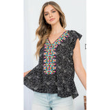 Mary Black Embroiled Flutter Sleeve THML Top