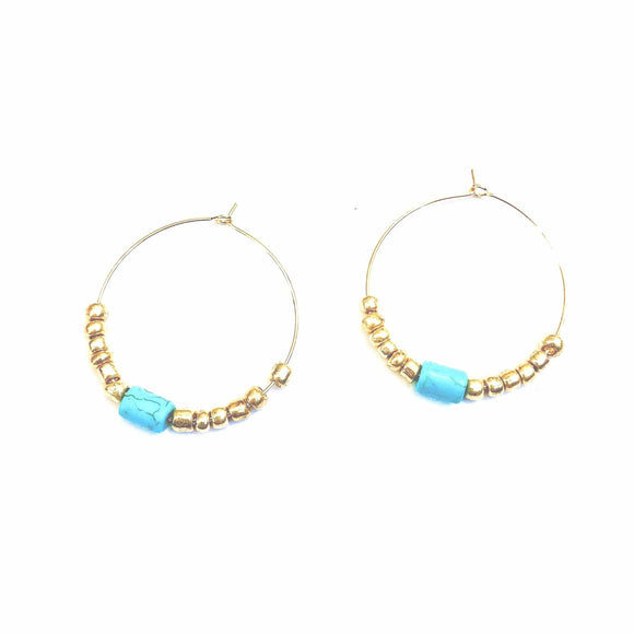 Addie Single Long Turquoise Gold Hoop Beaded Earrings-Fig Tree Jewelry & Accessories